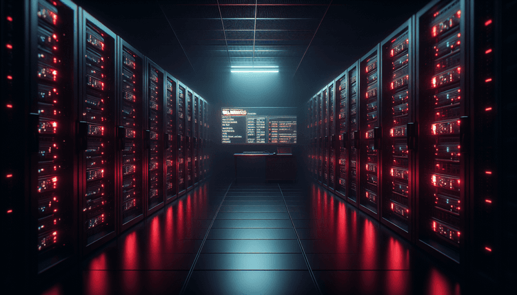 Dark server room with red emergency lighting and encrypted file warnings on monitor screen