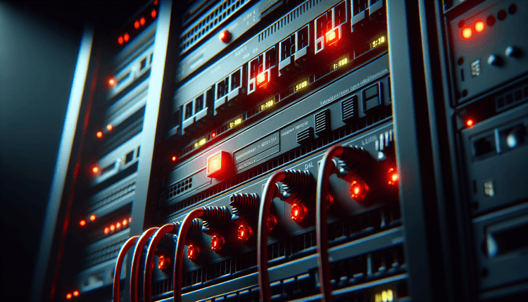 Server rack with red emergency warning lights and network cables in dramatic lighting