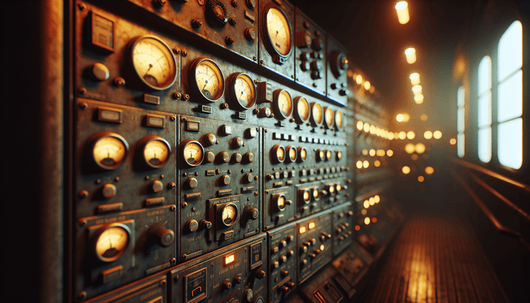 Vintage industrial control panel with analog gauges and switches in dimly lit facility