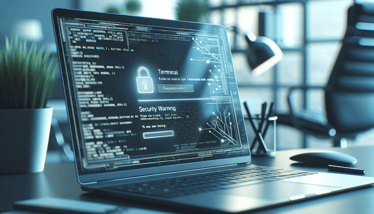 MacBook screen showing Terminal application with security warning dialog displayed