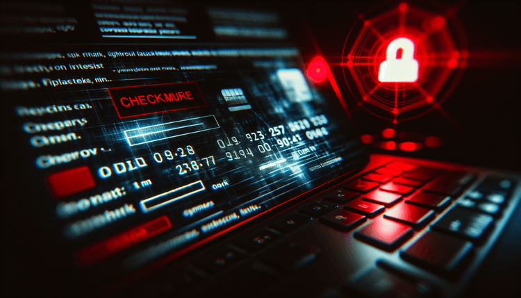 Computer screen showing e-commerce payment form with dramatic red lighting and security warning atmosphere