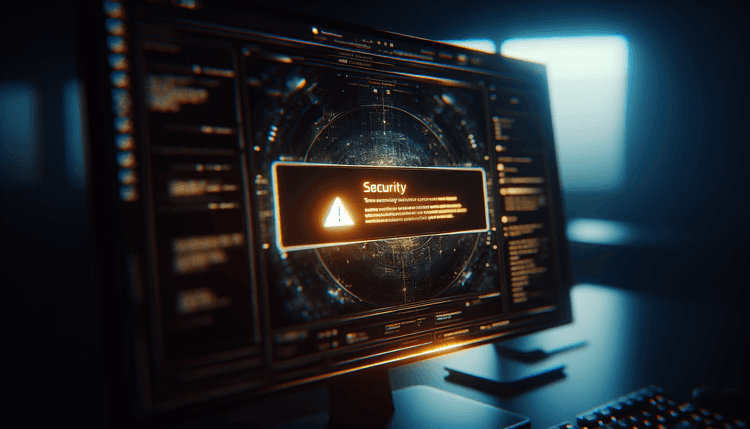 Windows security warning dialog displayed on computer monitor in dark office setting