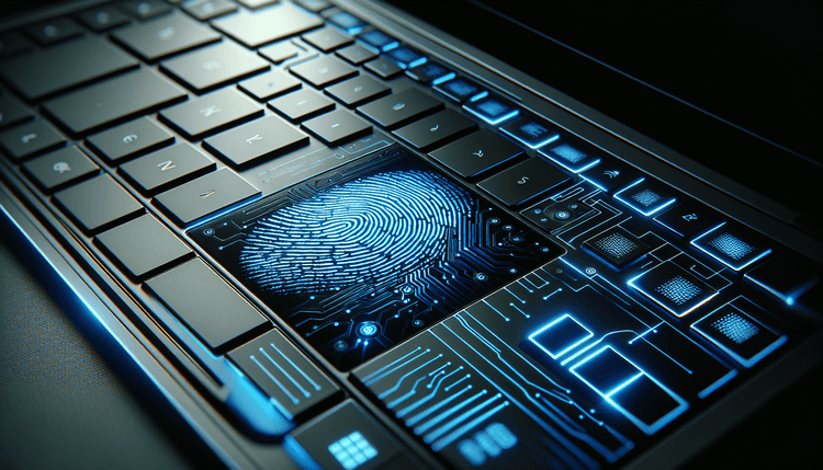 Laptop fingerprint scanner glowing blue on modern keyboard in professional setting