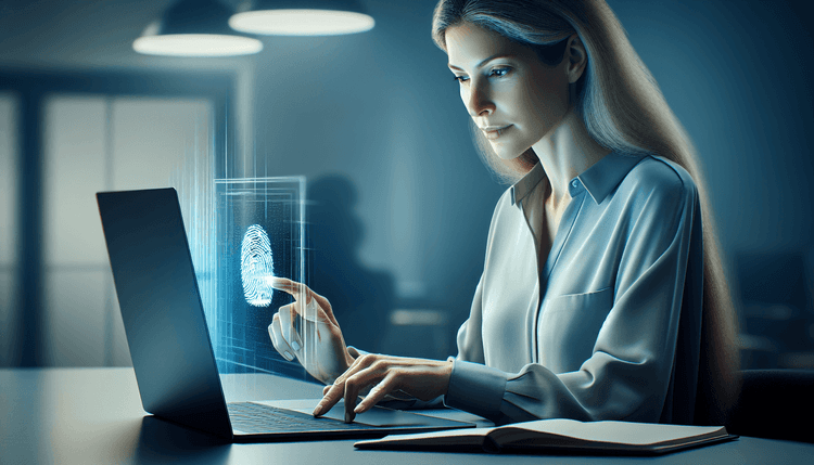 Professional using fingerprint authentication on Windows laptop with modern office background