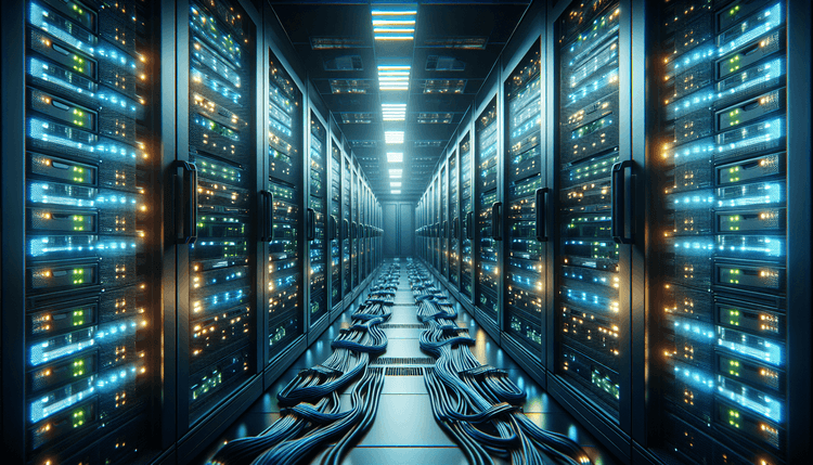 Server room with rack-mounted systems showing status indicator lights