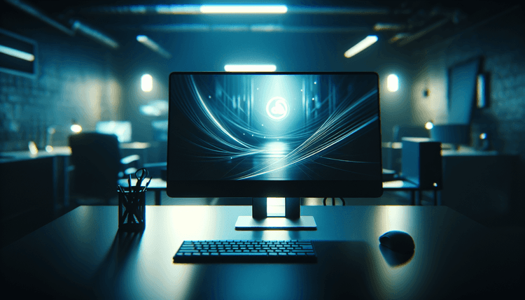 Desktop computer displaying Windows 11 interface with blue ambient lighting