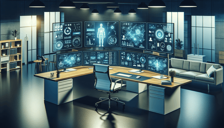 Corporate office setup showing Microsoft 365 AI features on computer screens