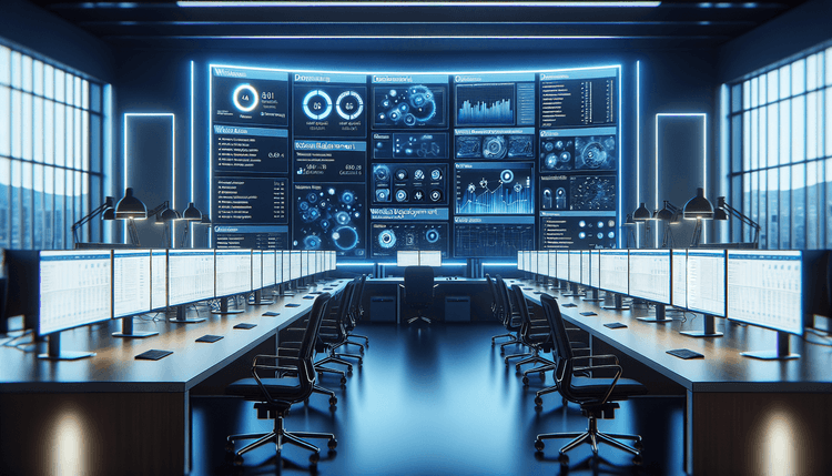 IT administrator monitoring Windows Autopatch deployment dashboard on multiple screens