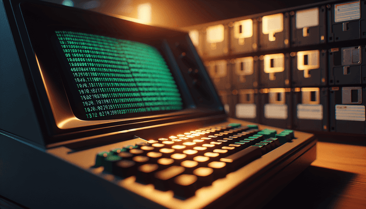 Vintage computer terminal displaying green text on black screen with floppy disks