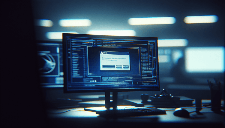 Computer monitor showing frozen Outlook application with error message dialog