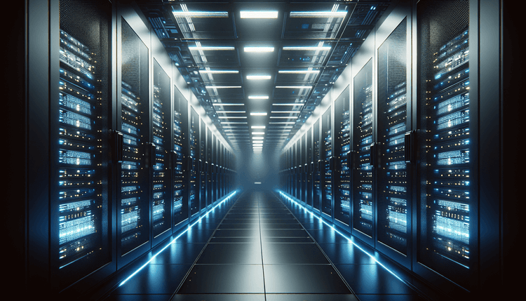 Server room with illuminated racks and warning lights indicating security updates