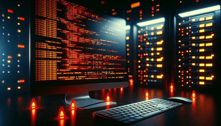 Computer screen showing security warning with dramatic lighting and server background