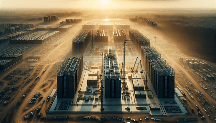 Aerial view of large data center construction site with cranes and building frameworks