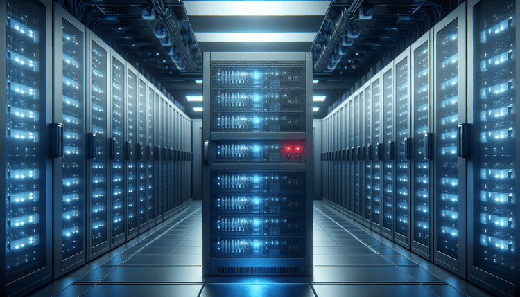 Server room with blade servers and blue LED lighting showing single red status indicator