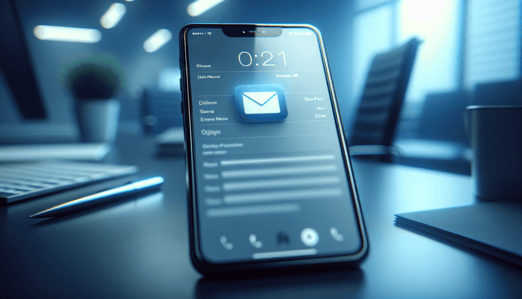 Smartphone displaying email application interface on desk with soft lighting