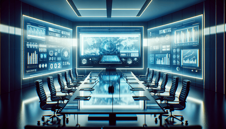 Modern conference room with Teams interface displayed on multiple monitors