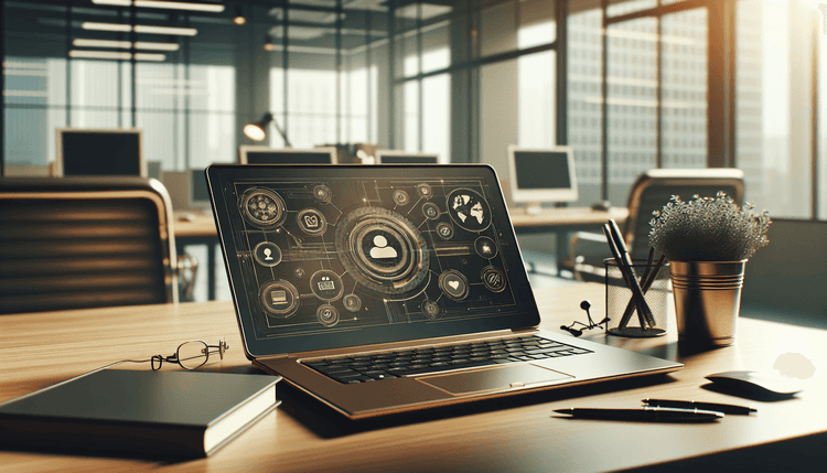 Business laptop running Microsoft Teams in modern office setting