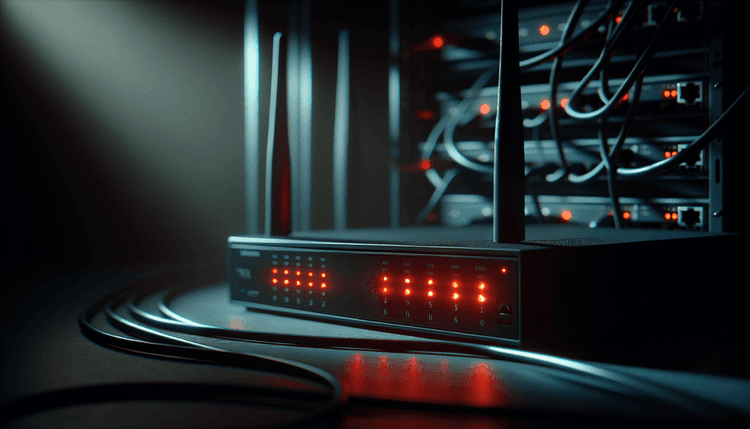 Black wireless router with red warning lights in dark server environment