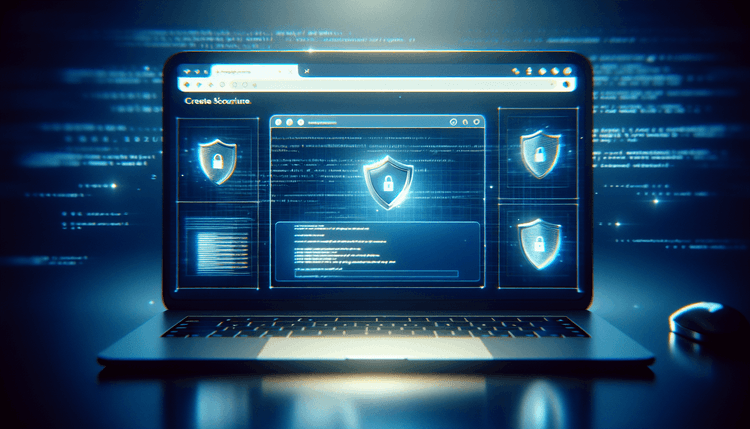 Computer screen showing Firefox browser with security shield symbols in blue lighting