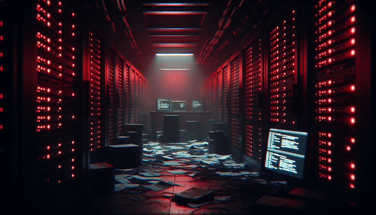 Dark server room with red emergency lighting and scattered medical documents