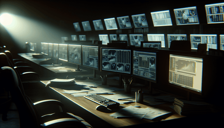 Dark office workspace with computer monitors and data analytics displays