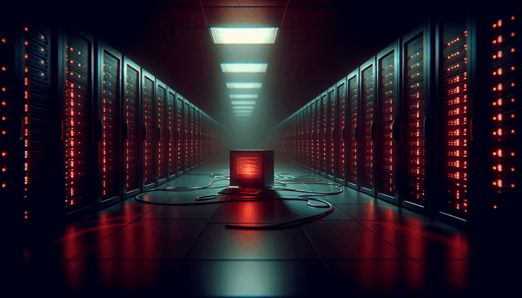 Dark server room with red emergency lighting and glowing computer terminal