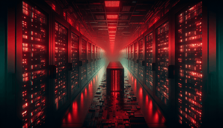 Dark server room with red emergency lighting highlighting gaming hardware and computer servers