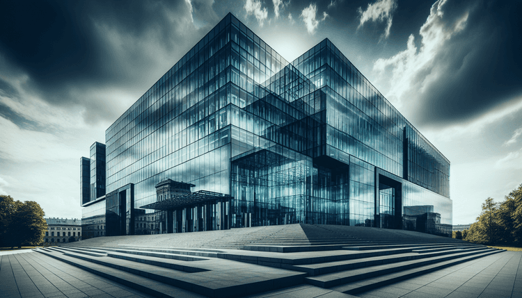 Modern government regulatory building with glass windows and concrete architecture