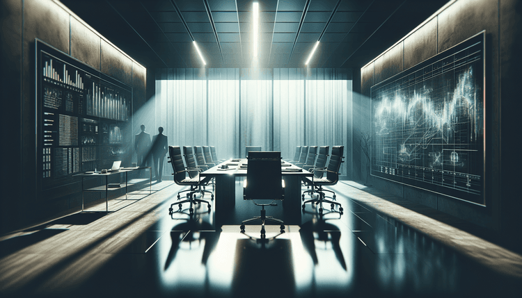 Empty corporate conference room with scattered documents and dramatic lighting