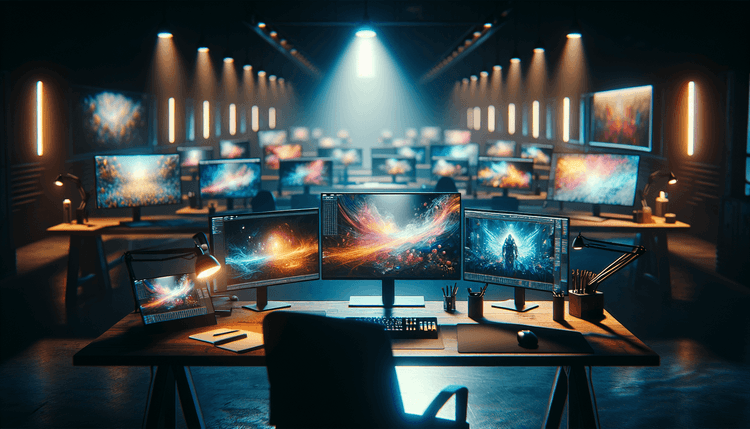 Digital artist workspace with multiple monitors showing AI-generated artwork and creative tools