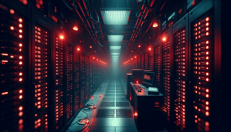 Hospital server room with red emergency lighting and security warning indicators