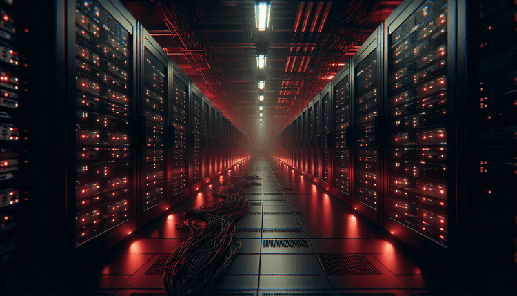 Dark data center servers with red emergency lighting and dramatic shadows