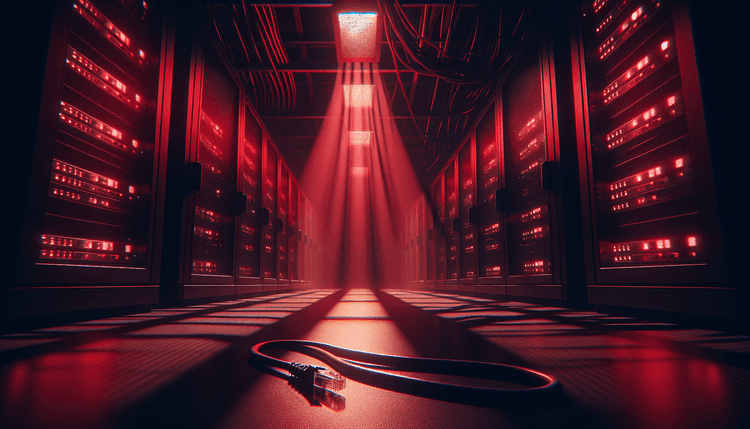 Dark server room with emergency lighting and disconnected network cables