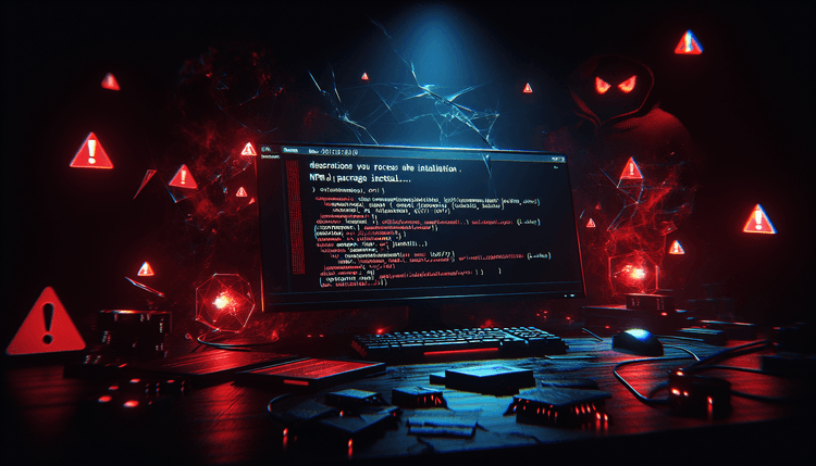 Computer screen showing npm package installation with security warnings and malicious code indicators