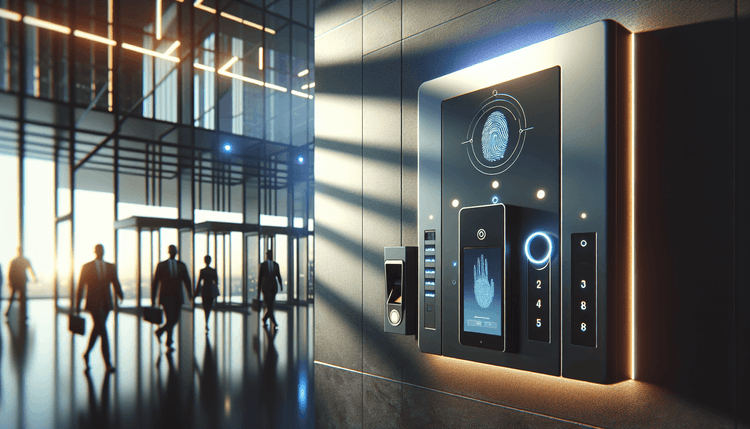Modern building entrance with electronic access control security panel and card reader