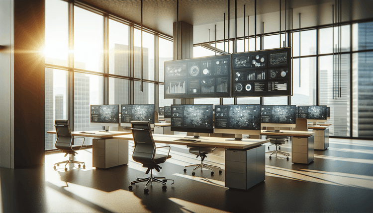 Modern office workspace with multiple computer screens showing business productivity software