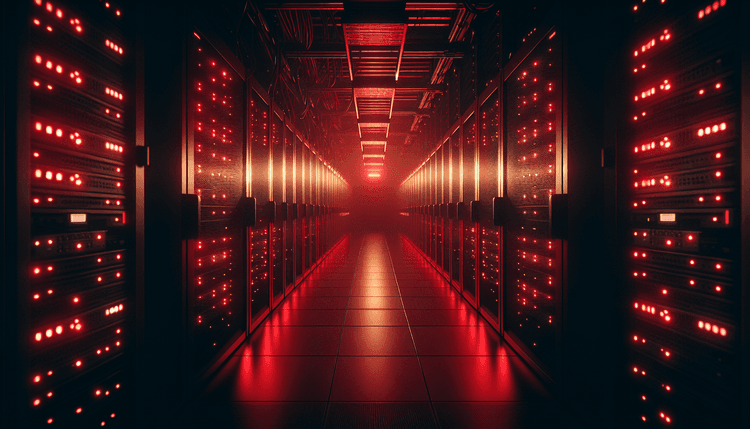 Server room with red emergency lighting and network equipment racks