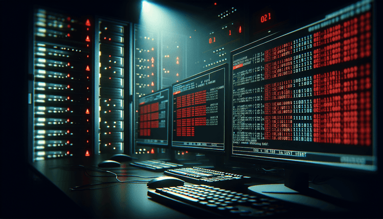 Multiple computer screens showing code with security warnings in darkened server room