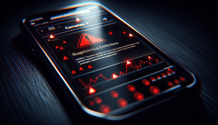 Smartphone screen showing suspicious email notification with warning indicators and financial interface elements