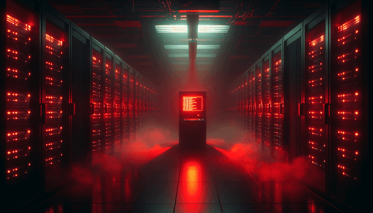 Dark server room with red emergency lighting and glowing computer terminal showing security warnings