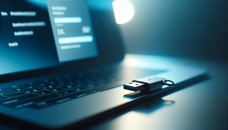 USB drive being inserted into laptop with Windows setup screen visible