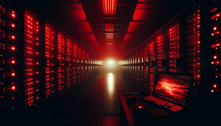 Dark server room with red emergency lighting and glowing computer terminal displaying scrolling data