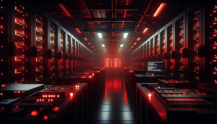 Dark server room with red emergency lighting and security alert displays