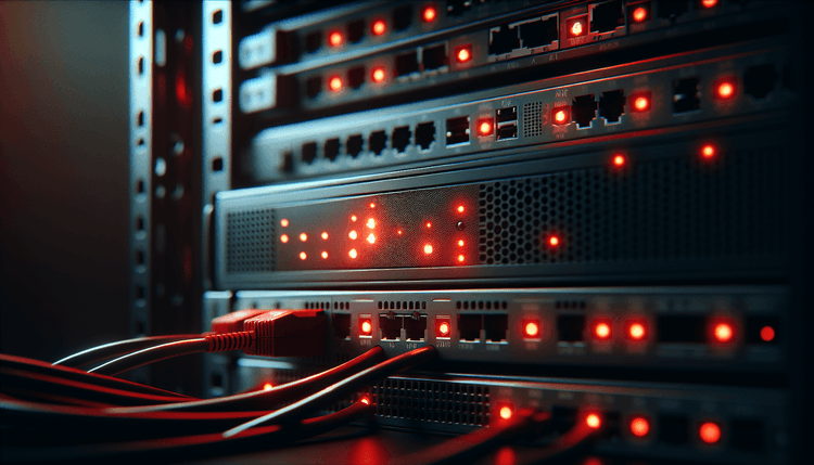 Network firewall device with red warning lights in server rack environment
