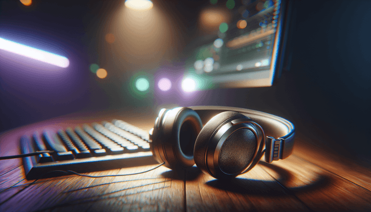 Premium headphones on wooden desk with computer monitor glowing softly in background