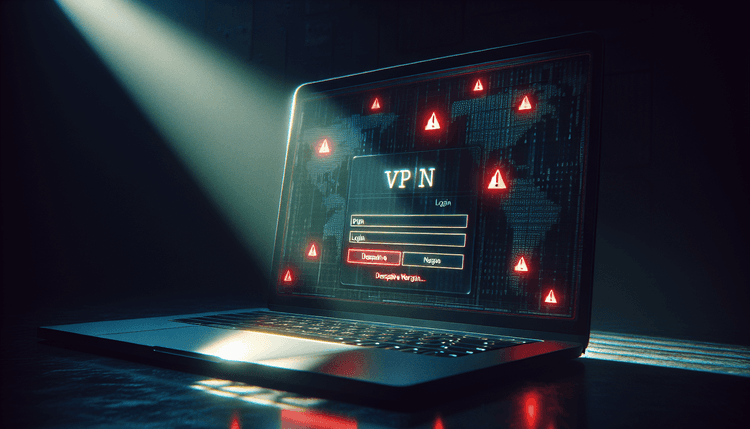 Laptop displaying suspicious VPN login screen with warning indicators in dark lighting