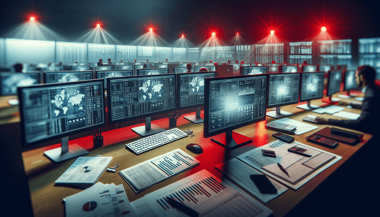 Office computers displaying payroll software with red warning lights and financial documents