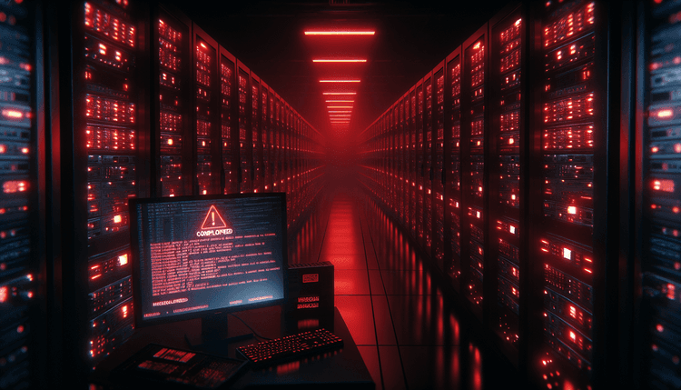 Dark server room with red warning lights and compromised terminal screen