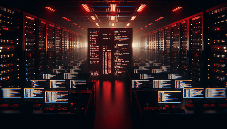 Dark server room with glowing computer screens displaying code and warning alerts