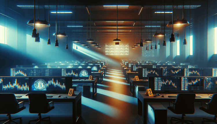 Empty call center with computer monitors and police evidence markers